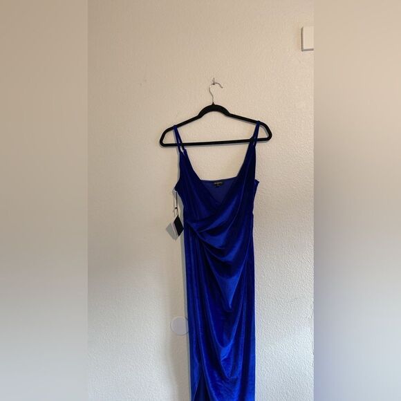 DOUBLE CRAZY Velvet Knotted Front Slit Royal Blue Dress - Picture 3 of 6